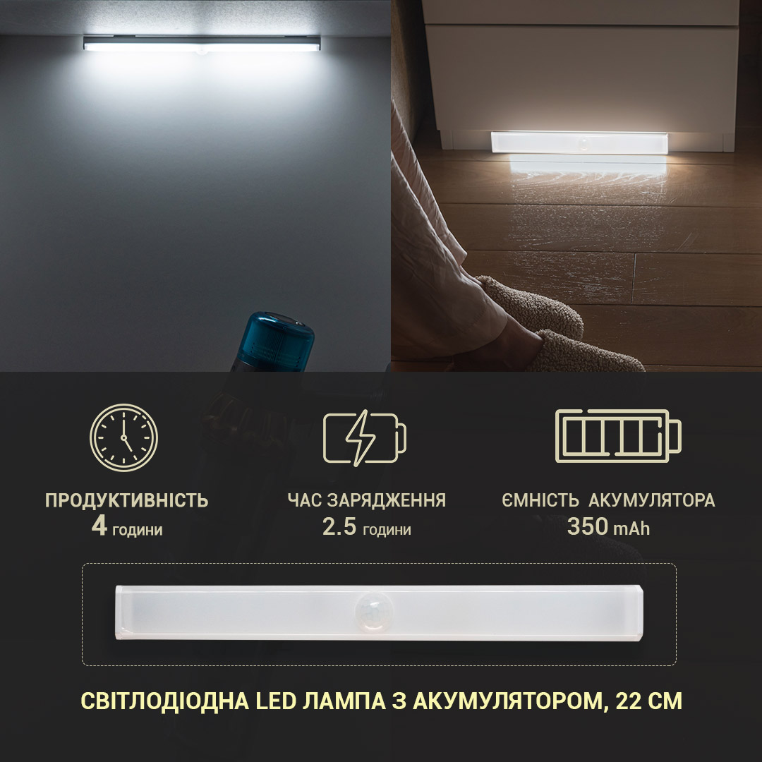 Світлодіодна лампа LED з акумулятором та датчиком руху, 22см