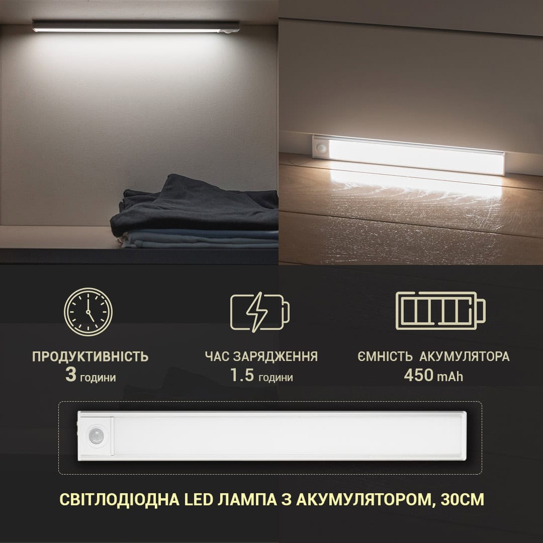 Светодиодная лампа LED с аккумулятором та датчиком движения, 30см