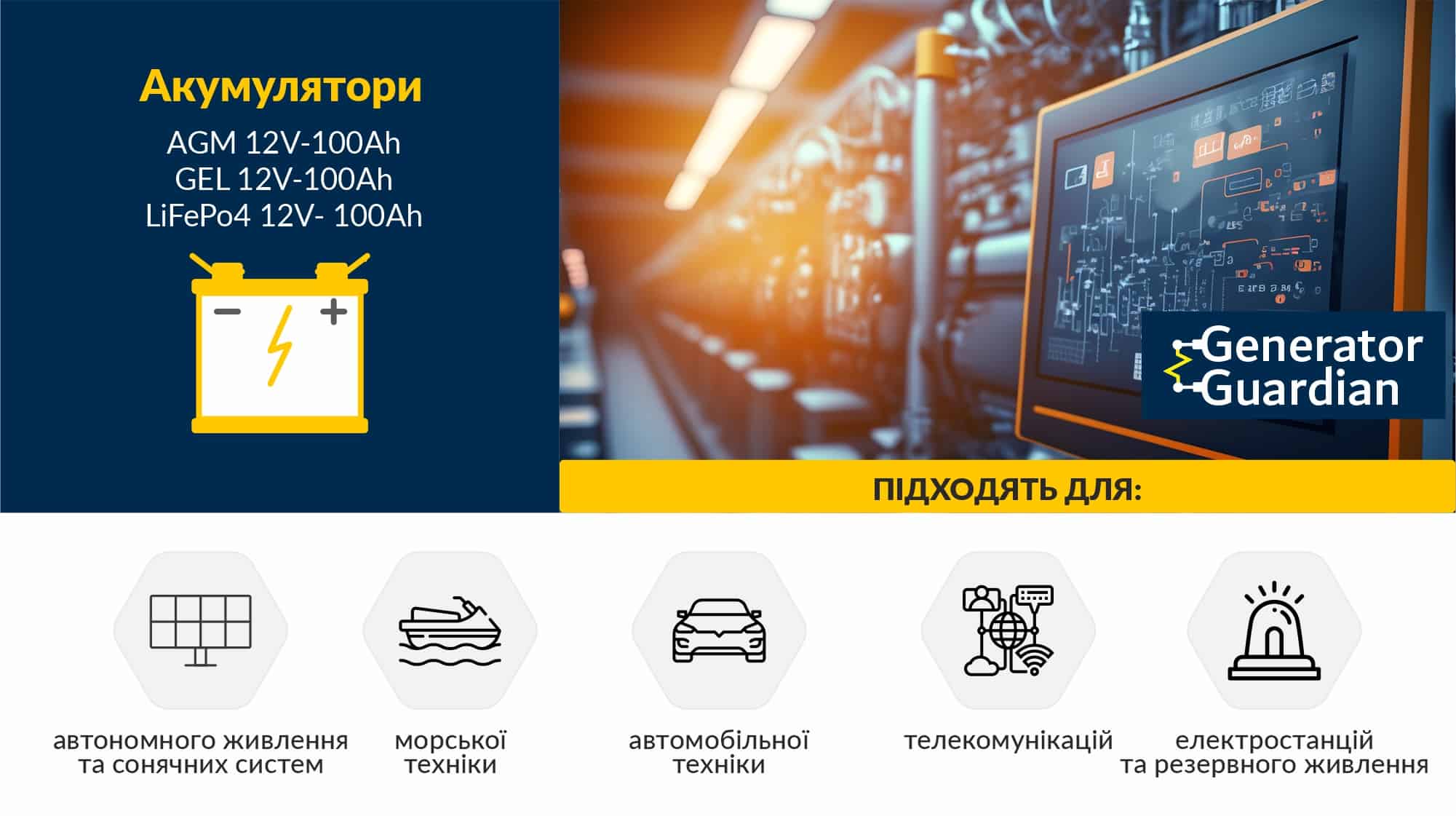 Кислотный аккумулятор 12В 100А*ч (1200 Вт*ч) для UPS / ИБП, батарея AGM Megatank 12V 100Ah